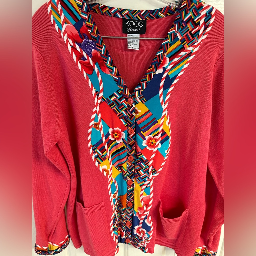 Koos of Course Silk & Cotton Cardigan Mixed Media Art to Wear Flamboyant Medium
